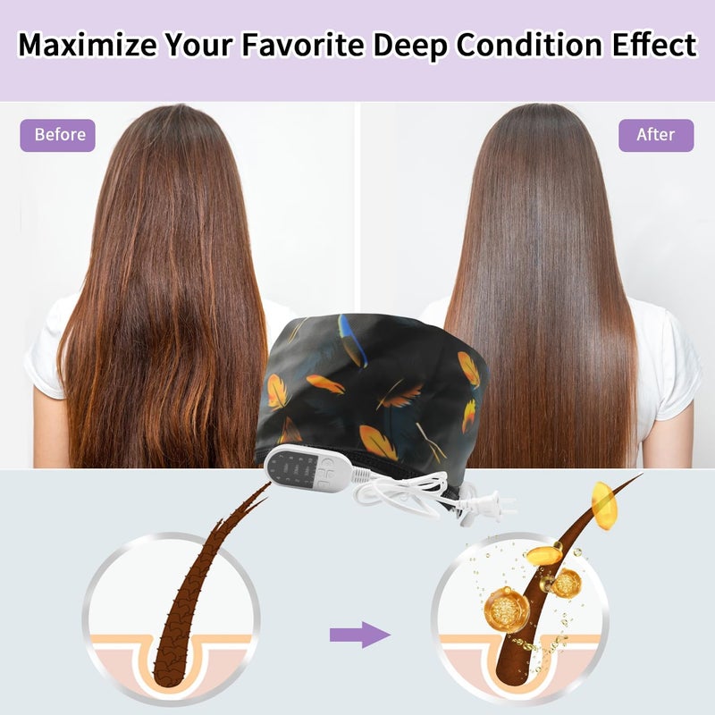SNEKULI Hair Steamer Cap, Portable Hair Care Hat with 10 Mode Temperature Control, 110V Electric Heating Cap for Hair SPA Beauty Steamer Nourishing Hat Hair Thermal Treatment Cap (Black Feather) - Image 2